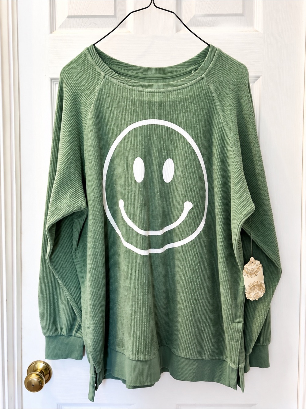 Altar'd State Green Smiley Corded Crewneck Sweater